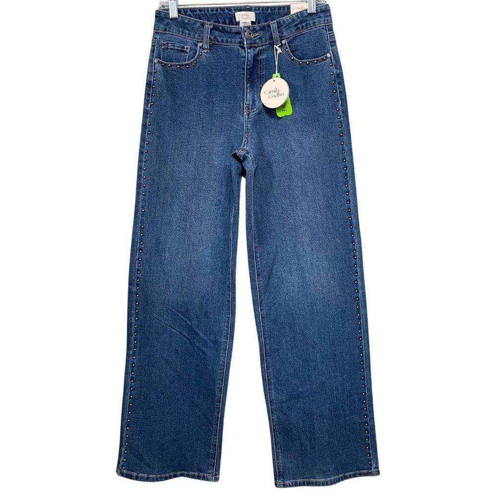 Camila Coelho WIDE LEG Studded Jeans Women Size 6 Medium Wash Stretch Denim NEW
